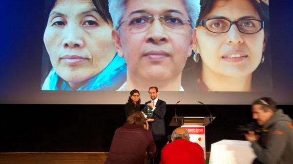 From left on the screen: Cao Shunli, Adilur Rahman Khan and prizewinner Alejandra Ancheita 