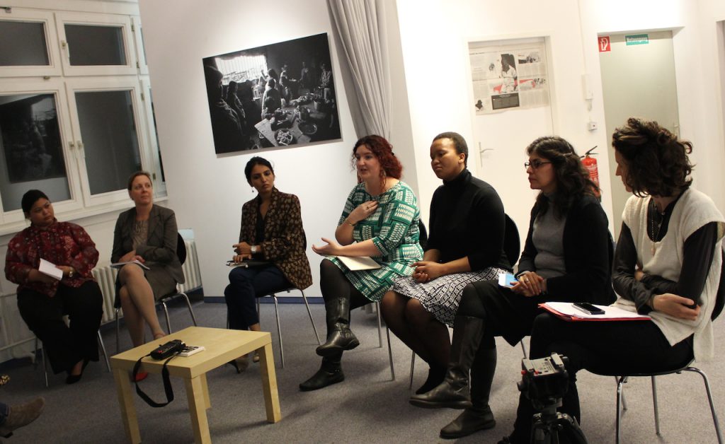 From left to right: Ethel Avisado (CenterLaw), Isha Khandelwal (Human Rights Law Network), Julia Duchrow (Brot fur die Welt), Lisa Chamberlain (Centre for Applied Legal Studies), Nomzamo Mati (Socio-Economic Rights Institute of South Africa), Alejandra Ancheita (ProDESC) and Claire Tixeire (ECCHR).