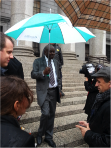 BAI Managing Attorney, Mario Joseph, descends the courthouse stairs after the October 23,2014 oral arguments in the case before the federal court in the Southern District of New York. Photo courtesy of Kim Ives. 