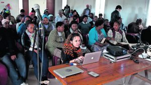 Setting up a "Dear Mandela" screening and legal advocacy workshop in Khayelitsha, South Africa, hosted by local organization Social Justice Coalition. Photo credit: Sleeping Giant